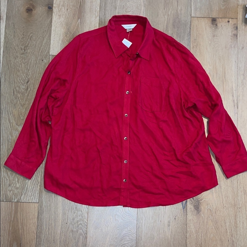New CJ Banks Vibrant Red Casual Button Down Shirt blouse 1x top long sleeve